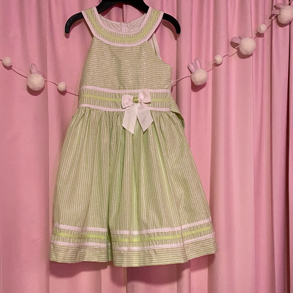 Bonnie Jean Green and White Striped Dress with Bow